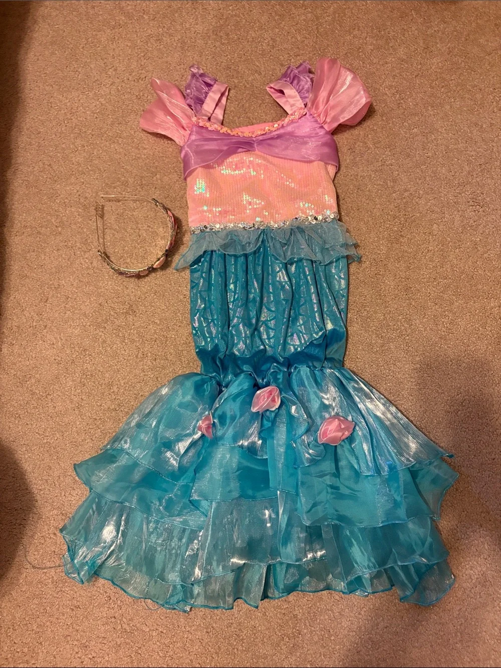 Girls Pink and Teal Mermaid Costume Dress with Crown